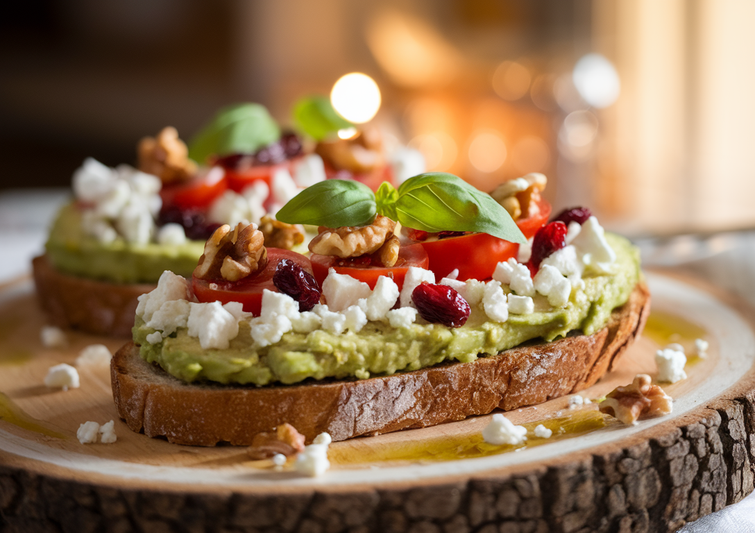Avocado Toast with Feta, Cherry Tomatoes, Cranberries, and Walnuts